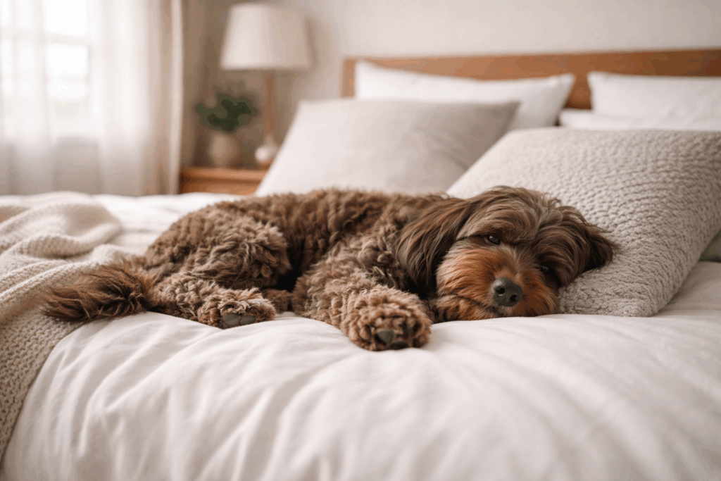 A brown dog lying relaxed on a white bed with cozy pillows.